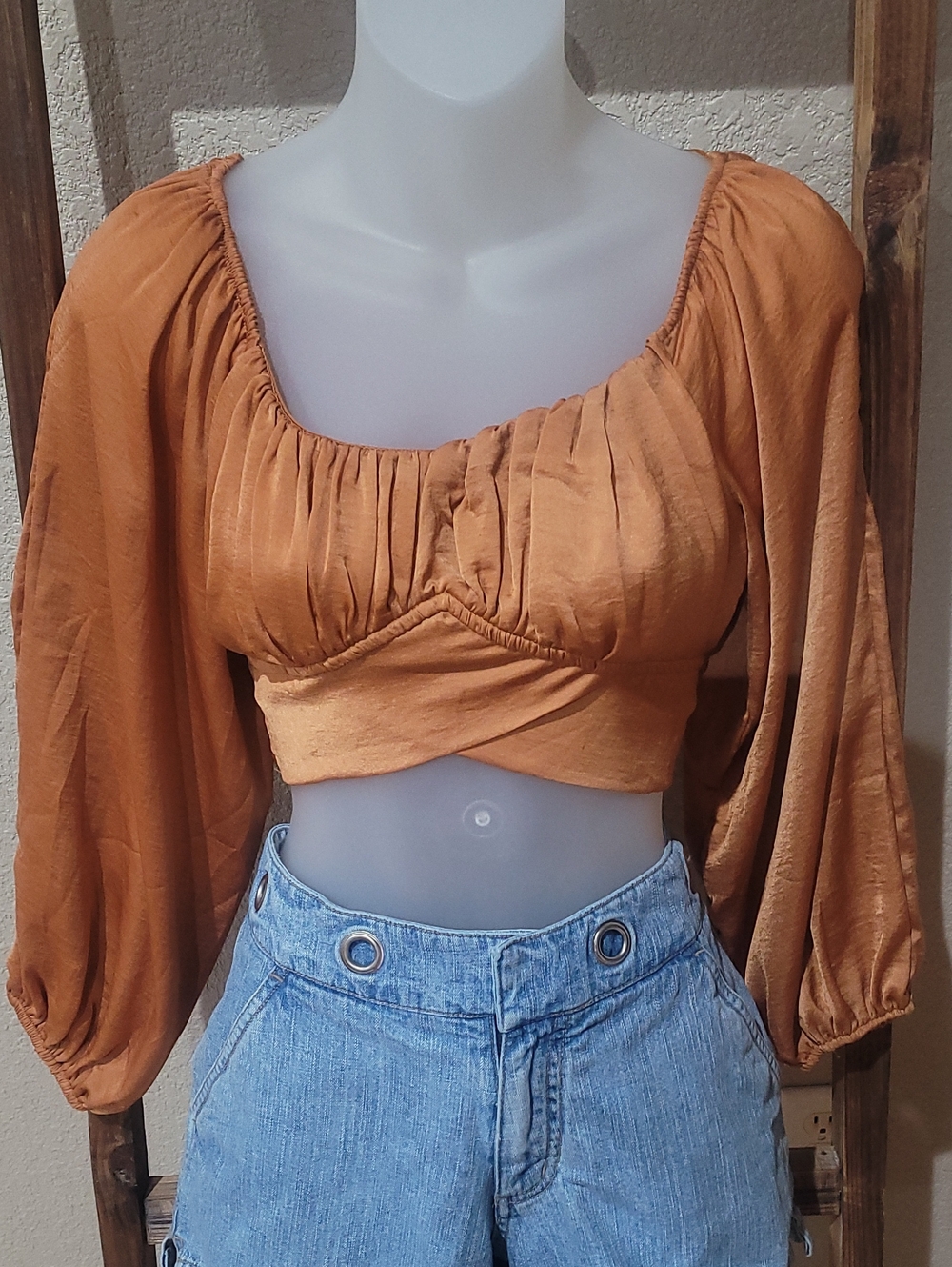 HYFVE Rust Orange Puff-Sleeve Cropped Wrap Top